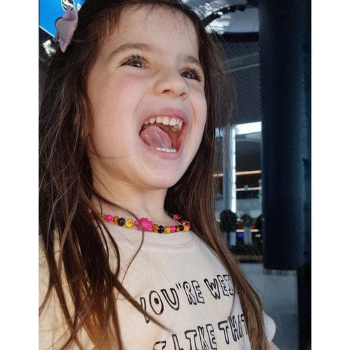 Child's Shelly Pink Turtle Necklace with Rainbow Baltic Amber and Jasper