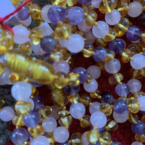 Child's Tara Honey Baltic Amber Amethyst Rose Quartz Gemstone Bead Necklace