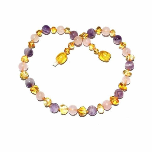 Child's Tara Honey Baltic Amber Amethyst Rose Quartz Gemstone Bead Necklace