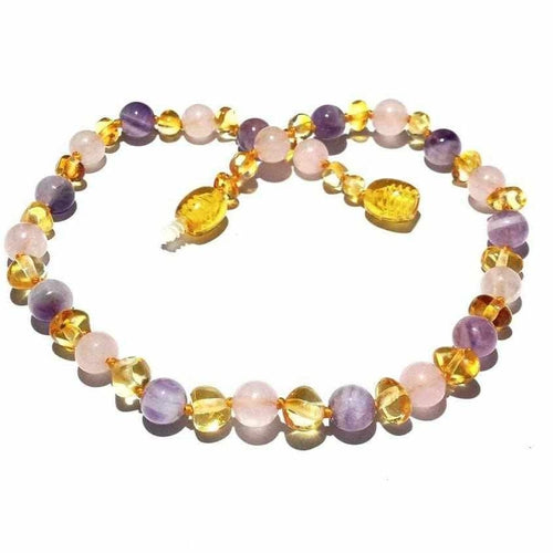Child's Tara Honey Baltic Amber Amethyst Rose Quartz Gemstone Bead Necklace