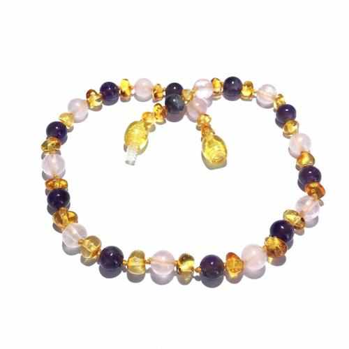 Child's Tara Honey Baltic Amber Amethyst Rose Quartz Gemstone Bead Necklace