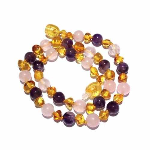 Child's Tara Honey Baltic Amber Amethyst Rose Quartz Gemstone Bead Necklace