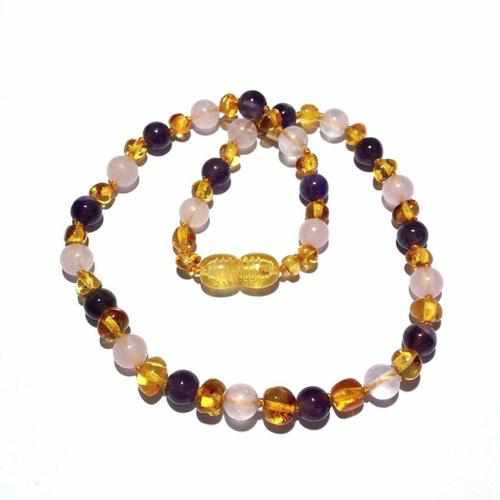 Child's Tara Honey Baltic Amber Amethyst Rose Quartz Gemstone Bead Necklace