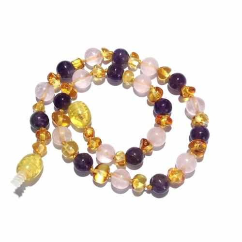 Child's Tara Honey Baltic Amber Amethyst Rose Quartz Gemstone Bead Necklace