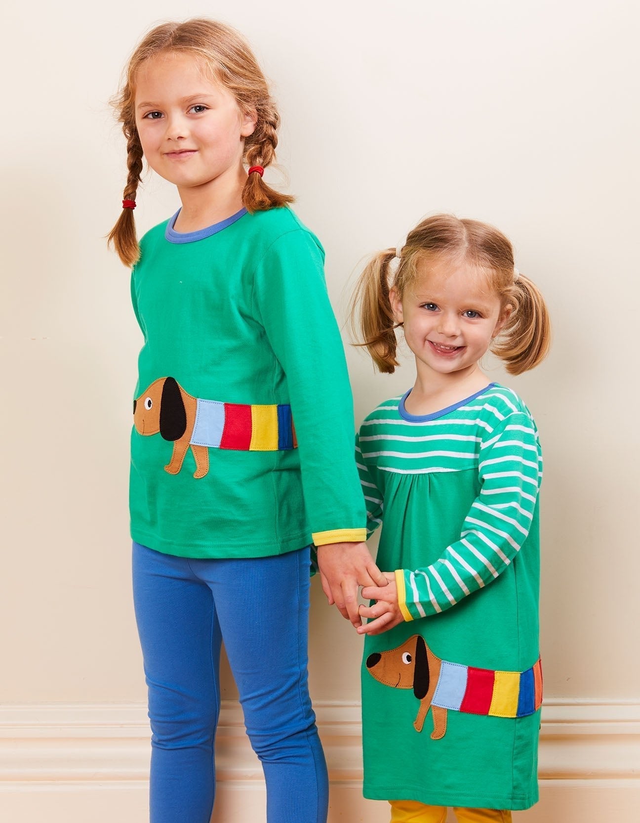 Organic Sausage Dog Applique Long Sleeved T Shirt in Green