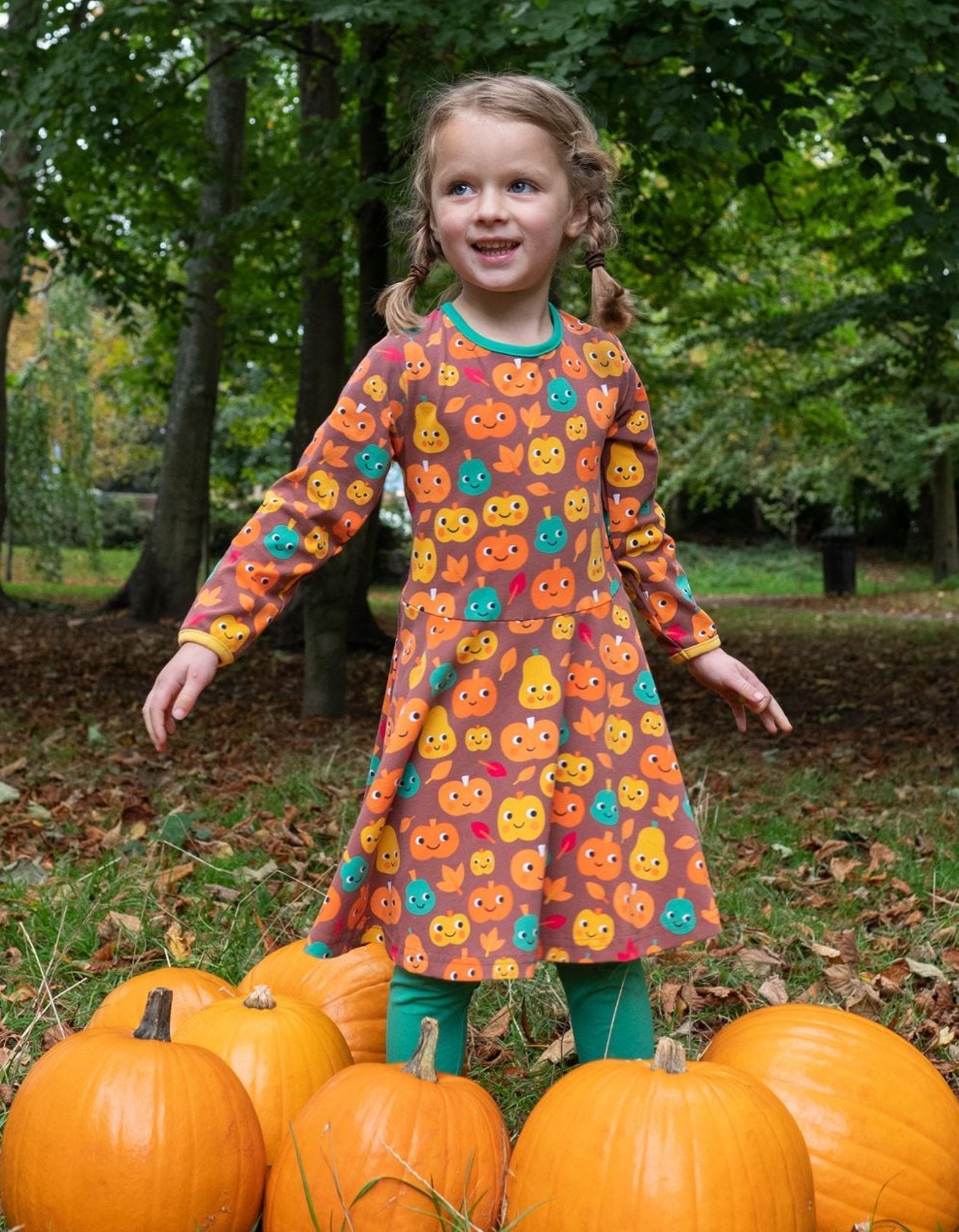 Organic Pumpkin Print Long Sleeved Skater Dress for Kids