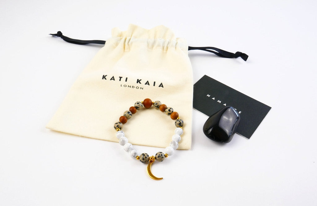 Luna Mala Bracelet with Howlite, Dalmatian Jasper and Sandalwood
