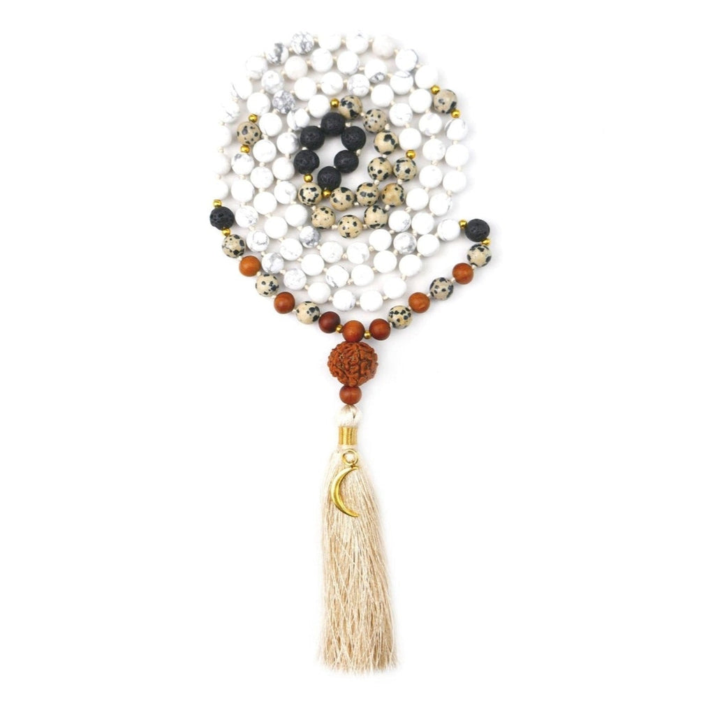 Luna 108 Mala Necklace with Howlite, Dalmatian Jasper and Gold Vermeil
