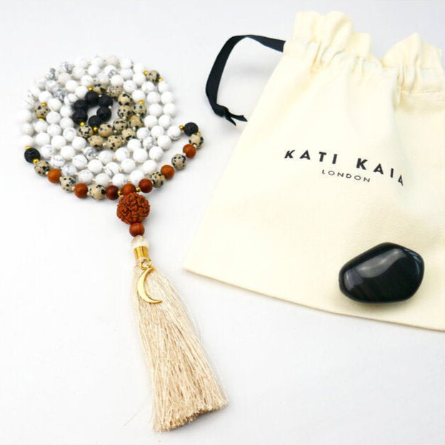 Luna 108 Mala Necklace with Howlite, Dalmatian Jasper and Gold Vermeil