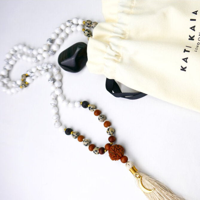 Luna 108 Mala Necklace with Howlite, Dalmatian Jasper and Gold Vermeil