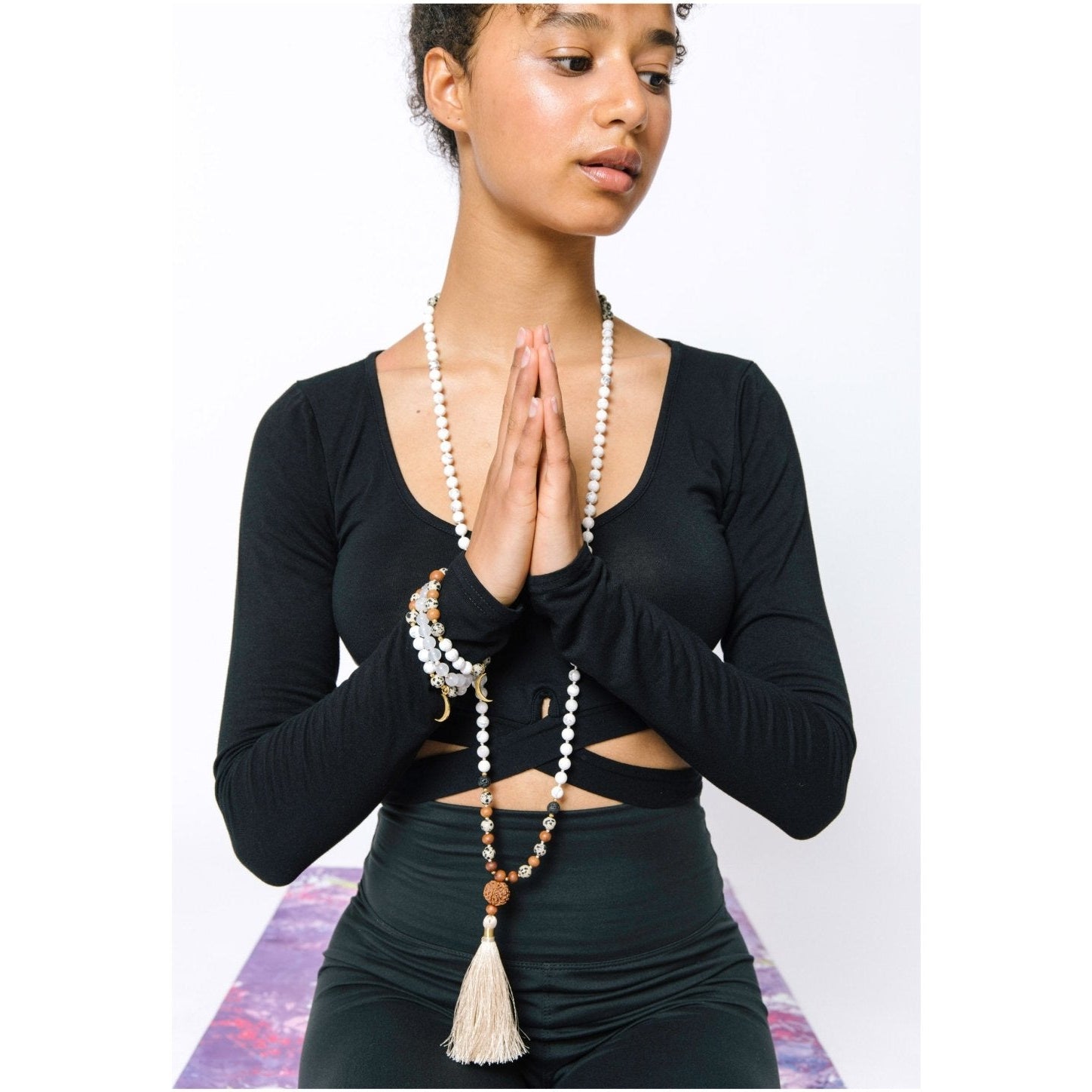 Luna 108 Mala Necklace with Howlite, Dalmatian Jasper and Gold Vermeil