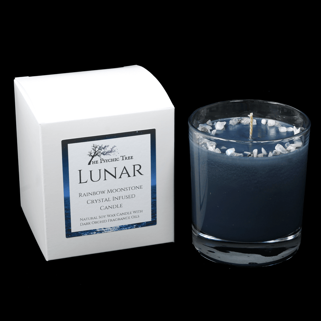 Lunar Crystal Infused Scented Candle with Rainbow Moonstone