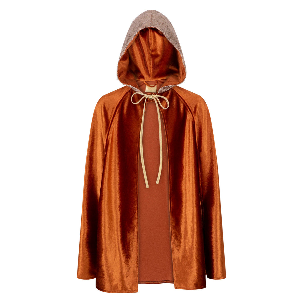 child in a ginger velour cape with a deep hood, ready for imaginative play