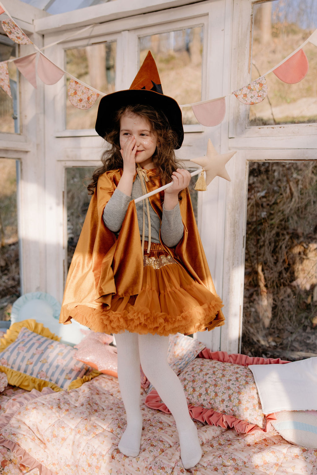 handmade golden velour kids cape with snap closure and hand holes for imaginative play