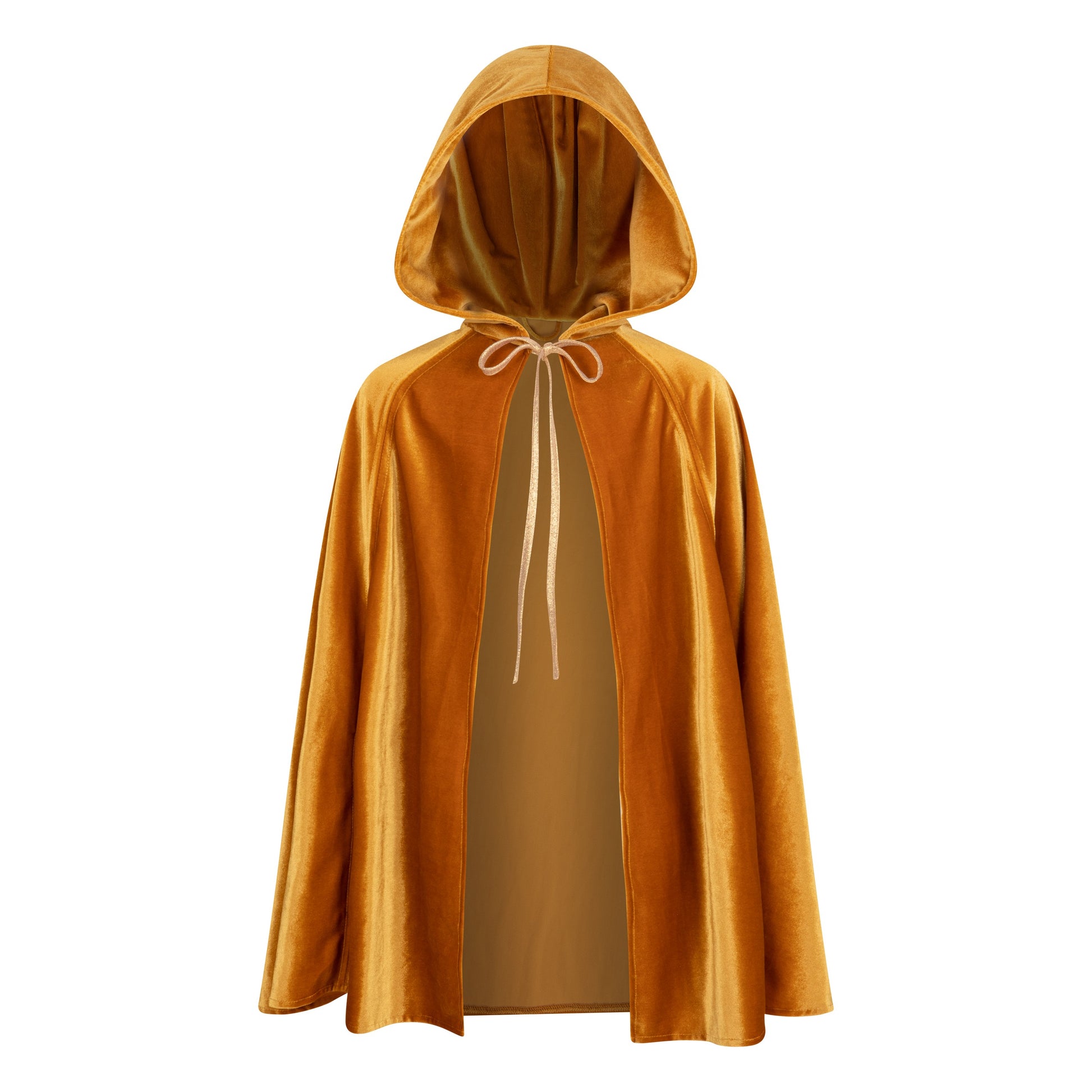 handmade golden velour hooded cape for kids in soft morning light, showcasing its snap closure and deep hood