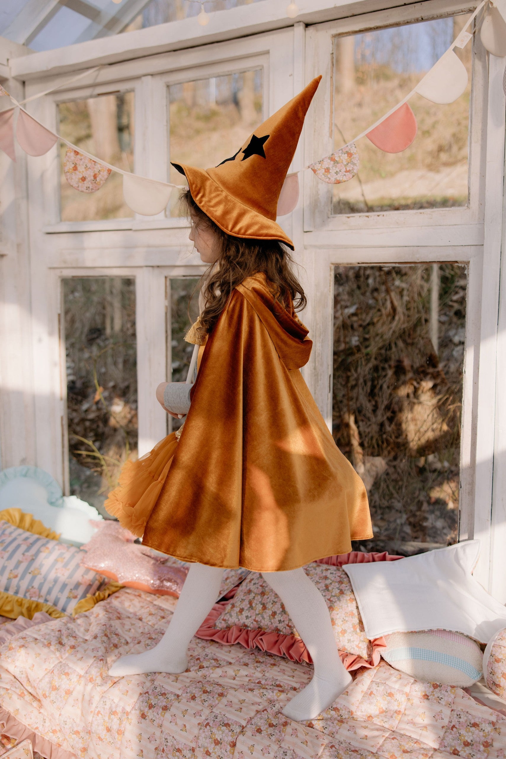 golden velour riding hood cape for kids in soft morning light, hand-made in poland