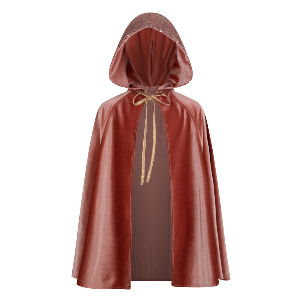 pink velour magic cape with deep hood and snap fastening, swirling in soft indoor light for fairy tale play