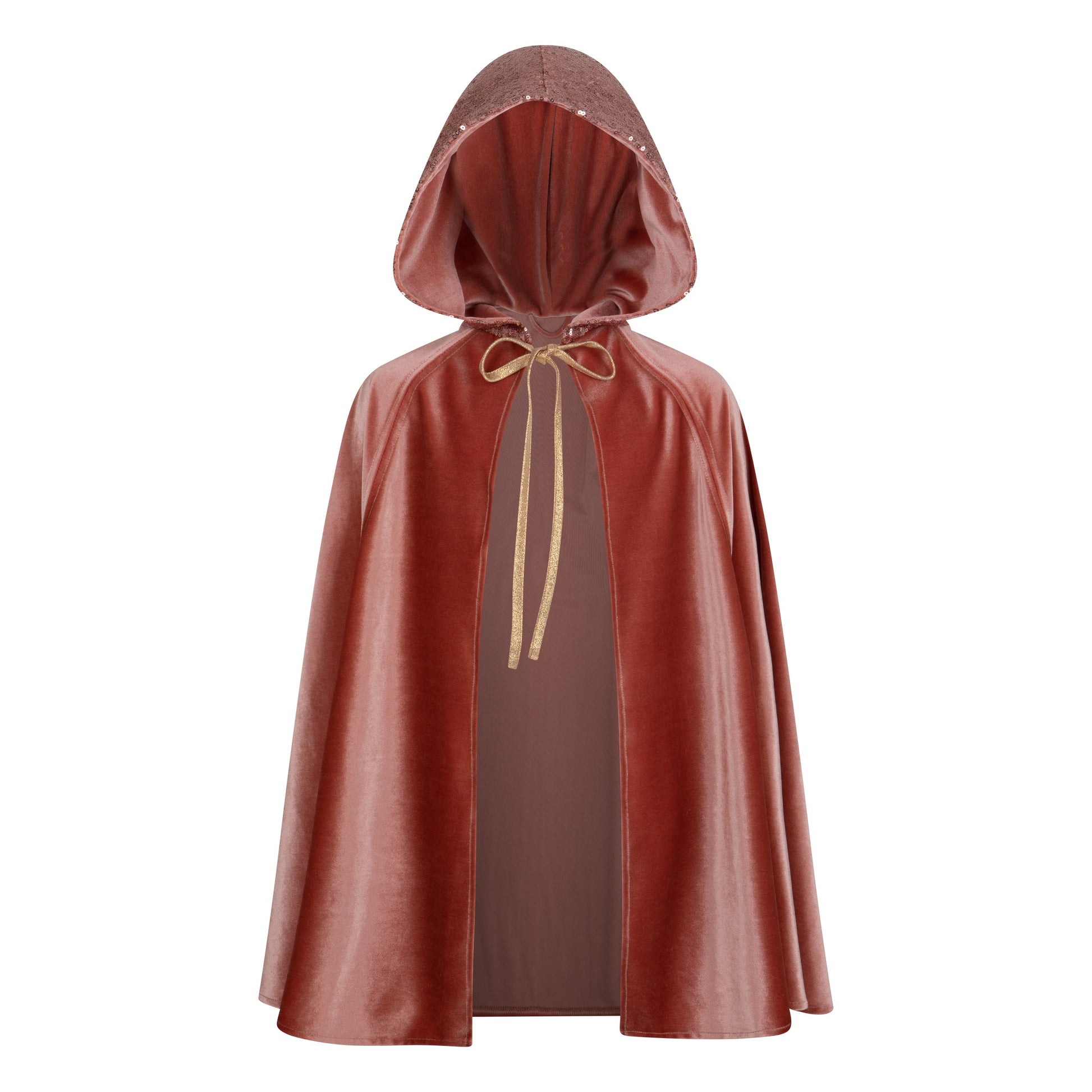 pink velour magic cape with deep hood and snap fastening, swirling in soft indoor light for fairy tale play