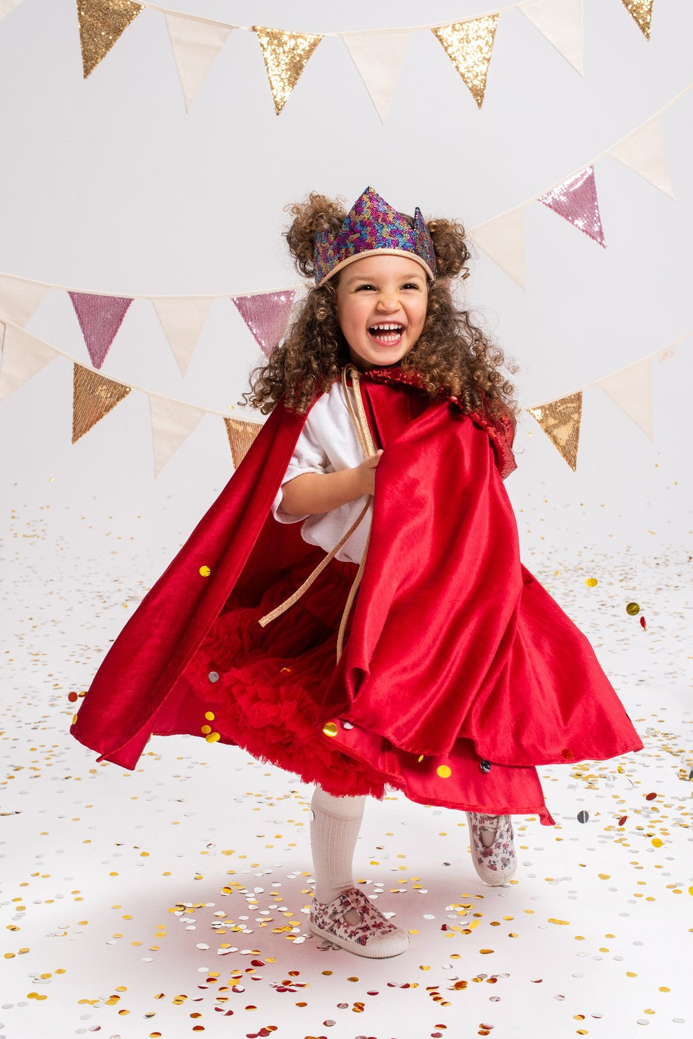handmade red velour hooded cape for kids with snap fastening and lace detail