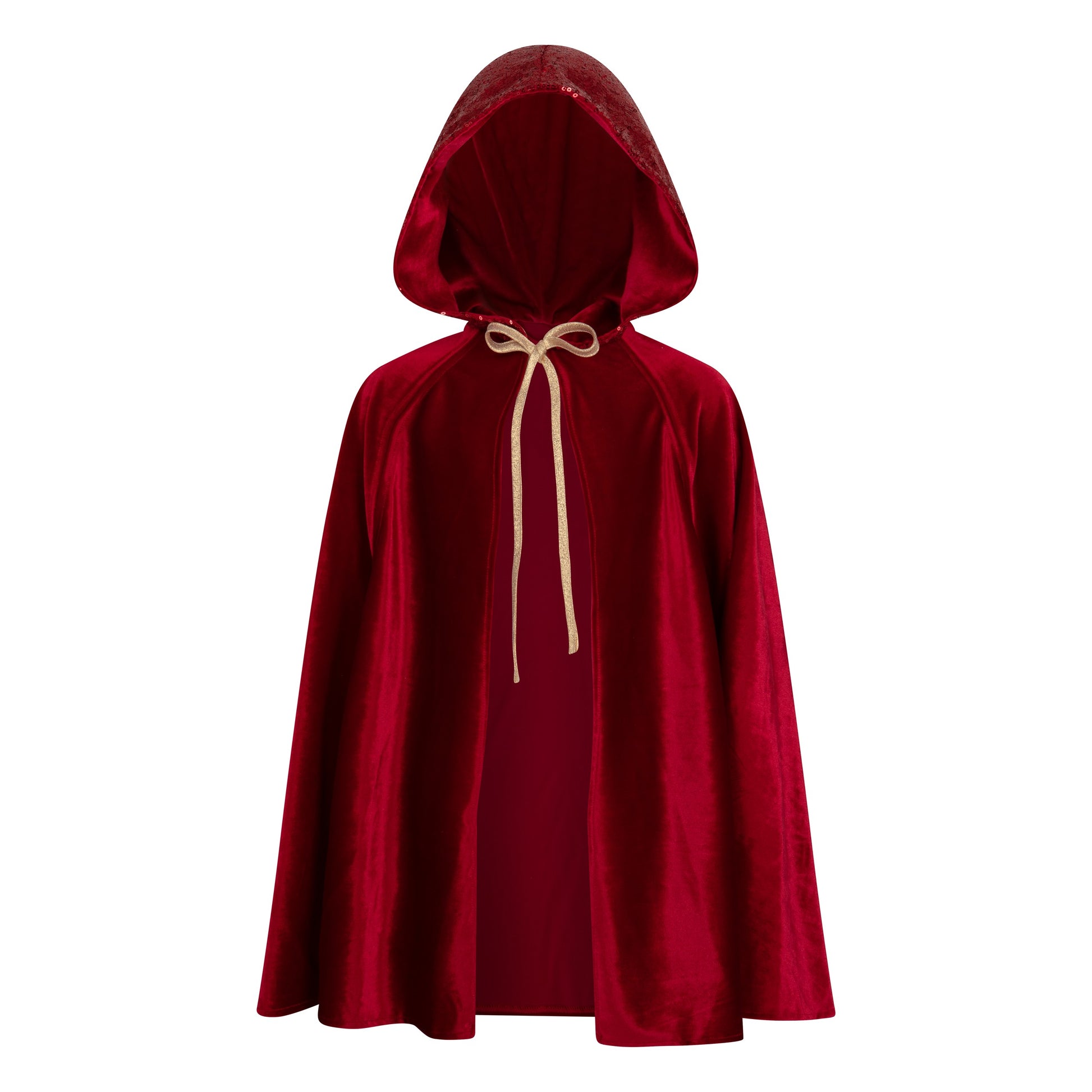 red riding hood magic cape swirling in golden sunlight, hood up and velour shimmering like a fairy tale