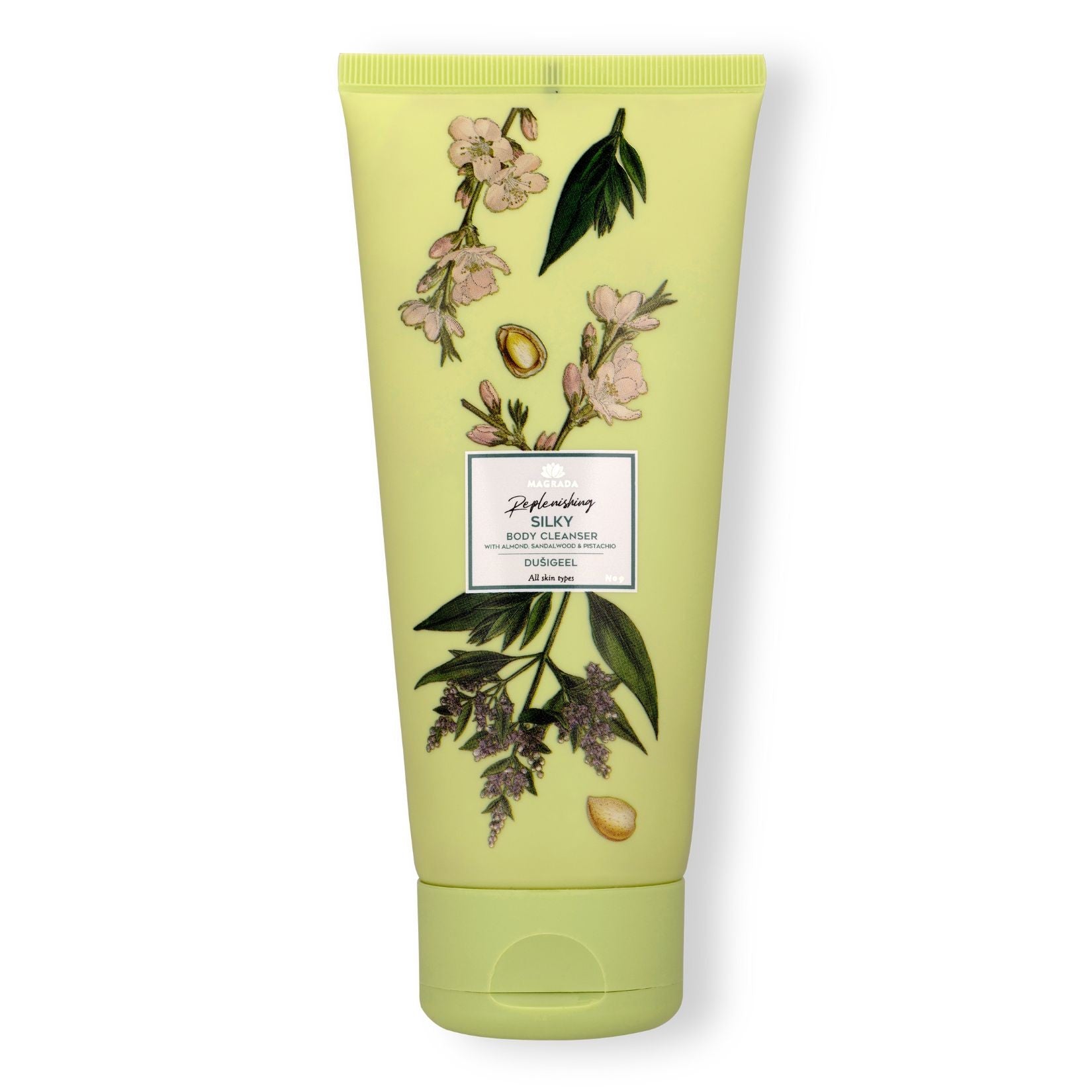 softly lit magrada x lauren moisturizing shower gel bottle with a gentle shimmer and comforting pistachio-almond scent