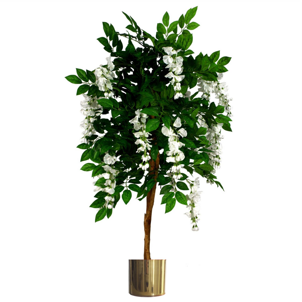 130cm Luxury Artificial Wisteria Tree with White Flowers and Gold Metal Planter
