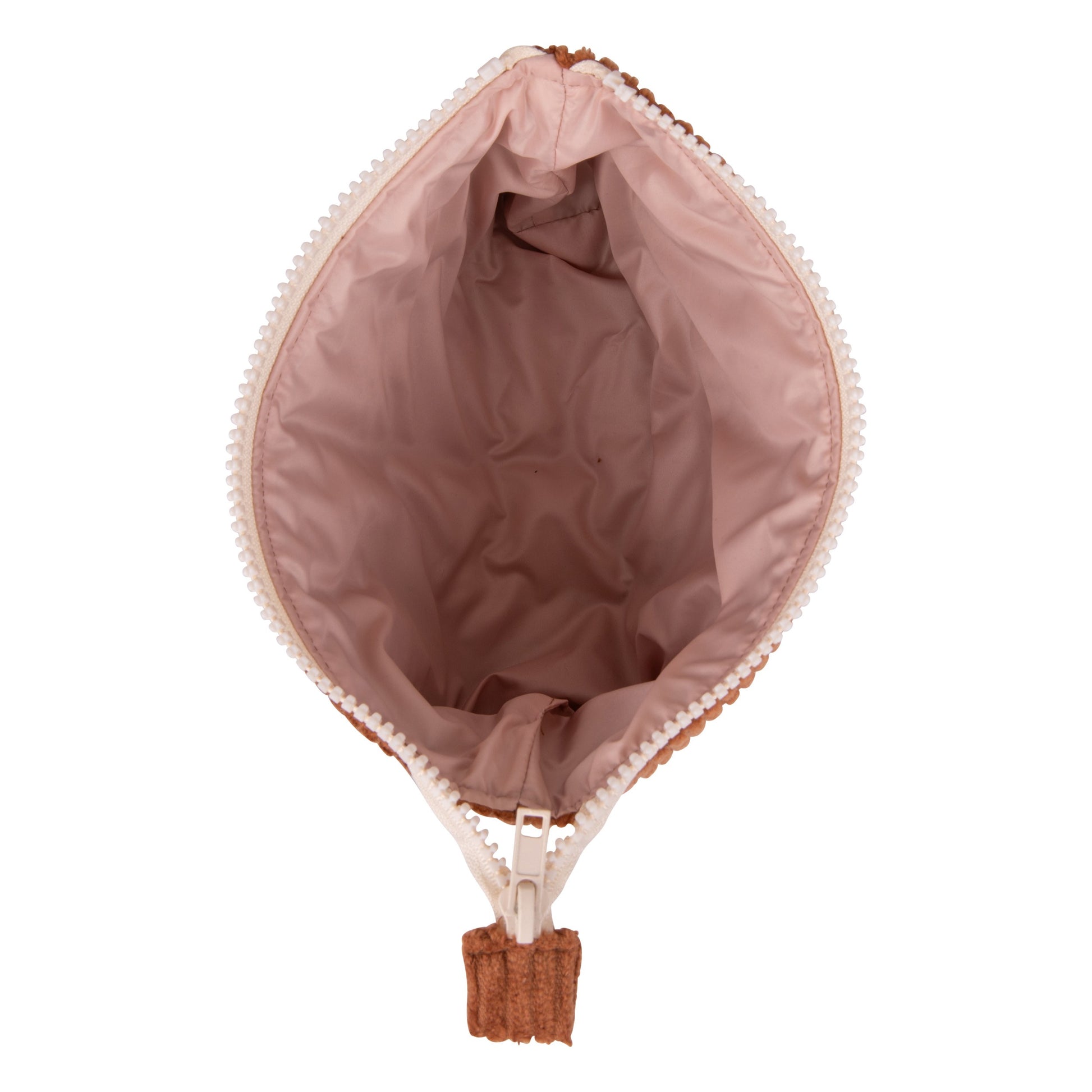 handmade caramel cotton makeup bag set open on a rustic wooden table