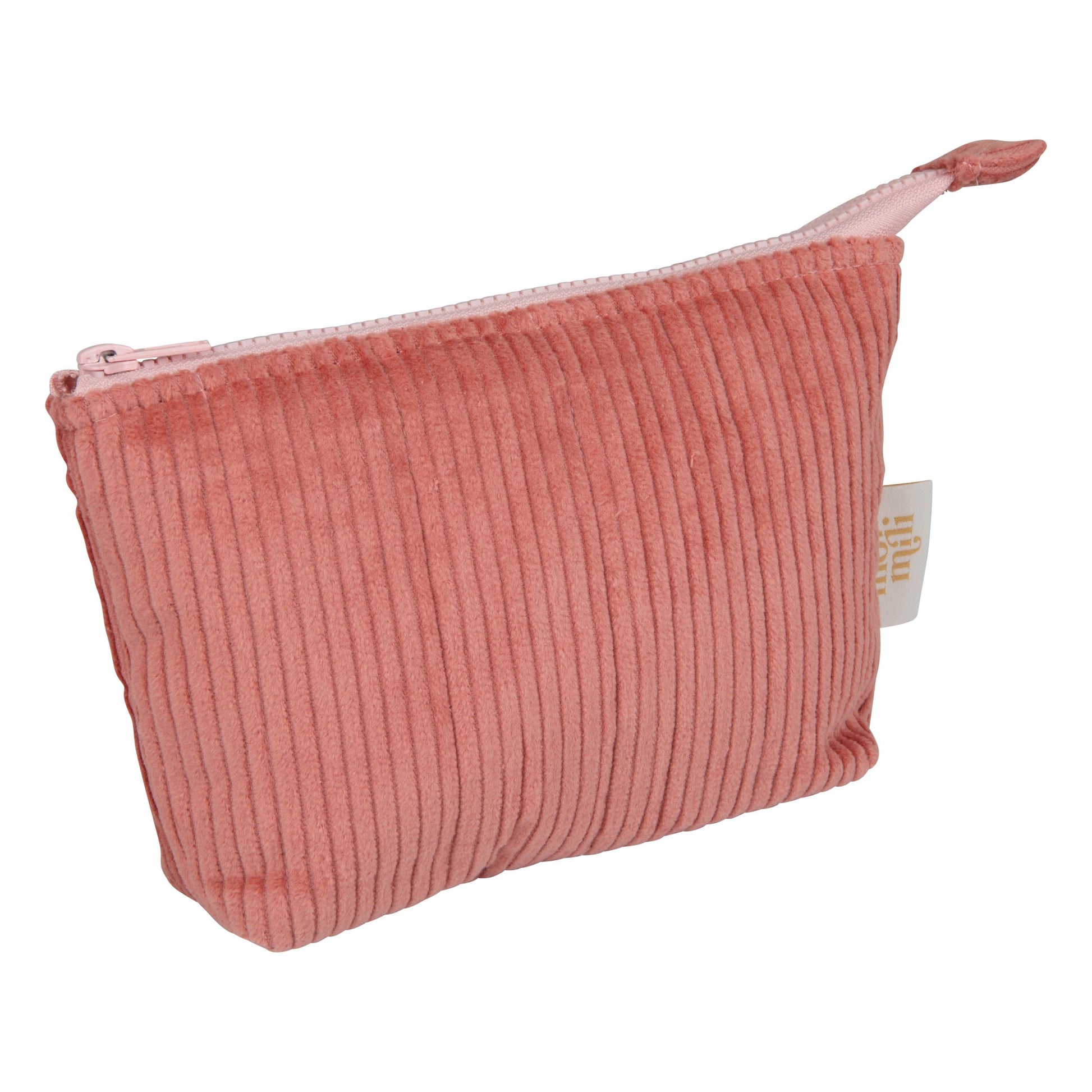 functional coral cotton makeup bag set open on a table showing its waterproof lining and pockets