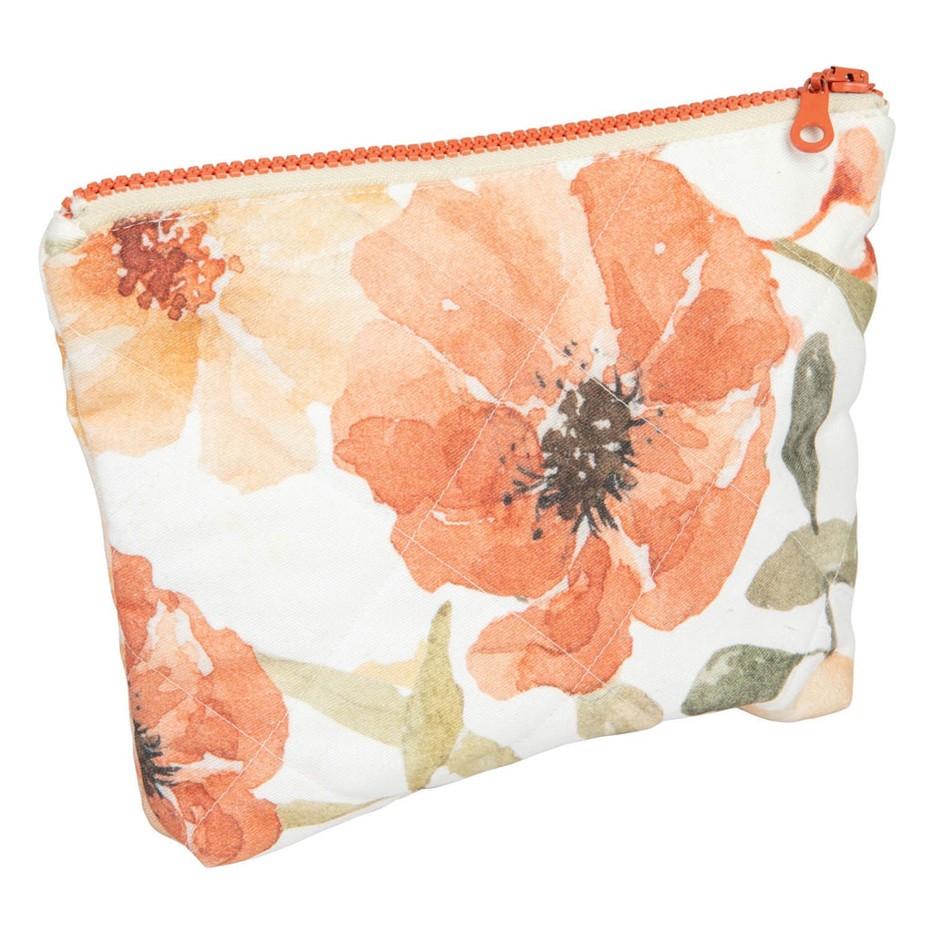 a functional view of the large flower power makeup bag open on a table showing its inner and outer pockets