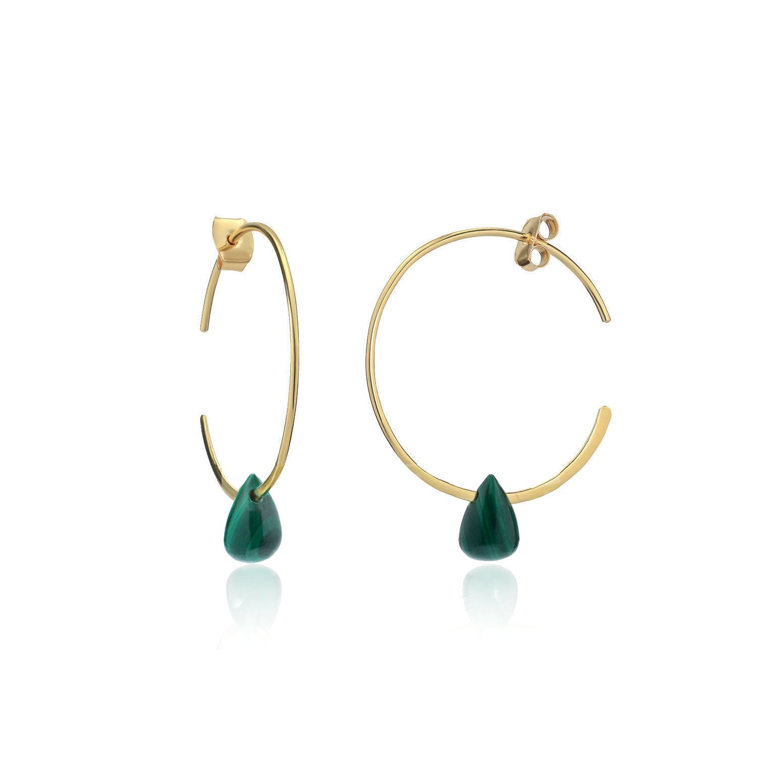 Wire Hoop Earrings with Teardrop Malachite in Gold