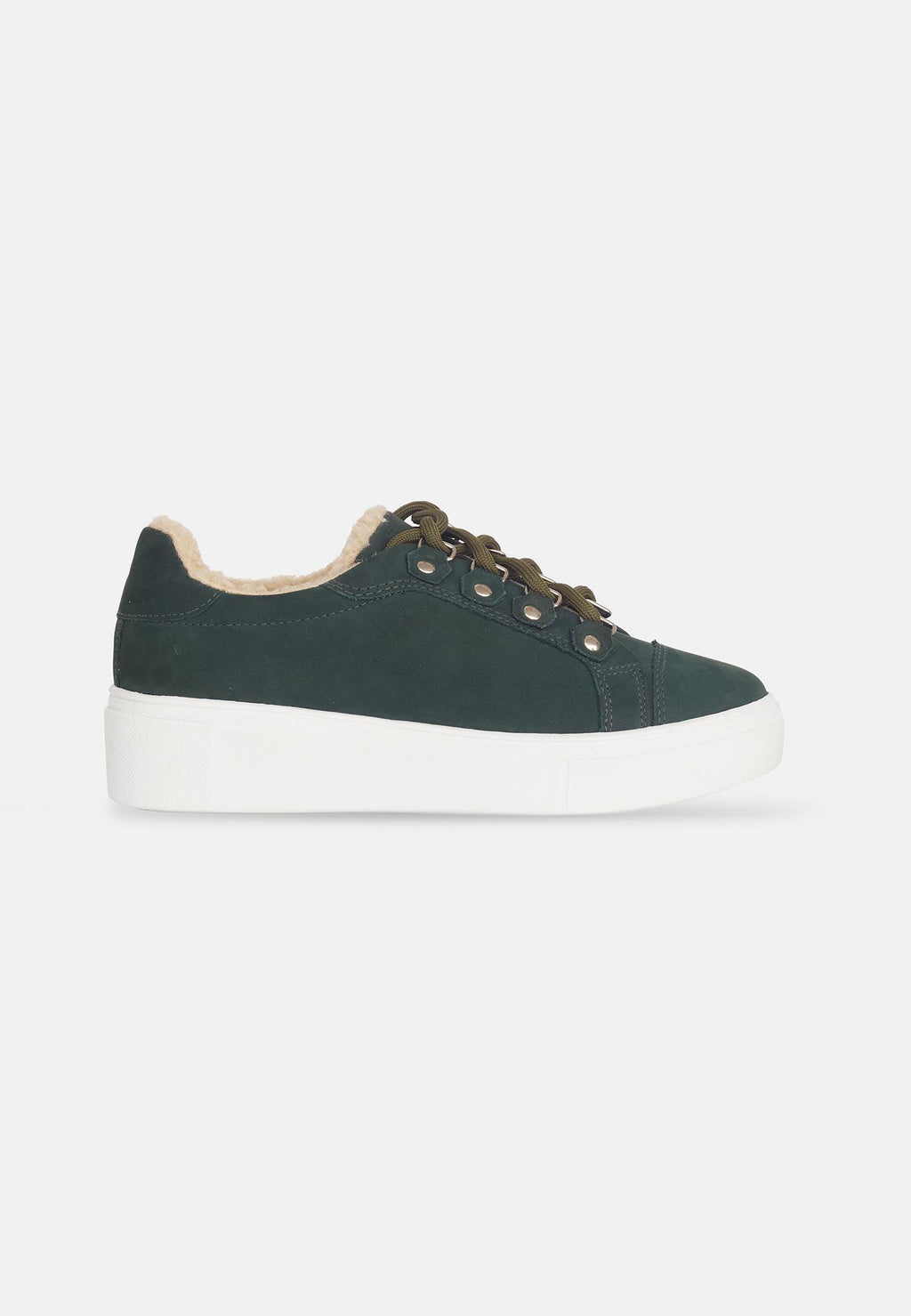 bold green suede mangará warm sneakers on a model confidently stepping forward