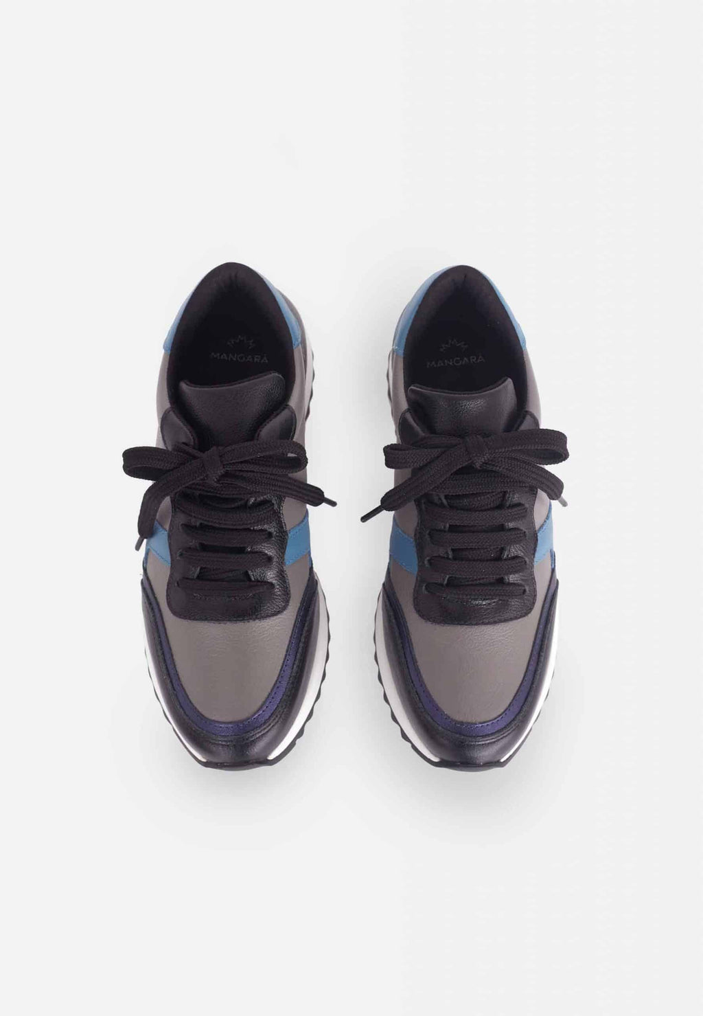 playful side view of mangara buriri women's sneakers in grey blue and black polished leather