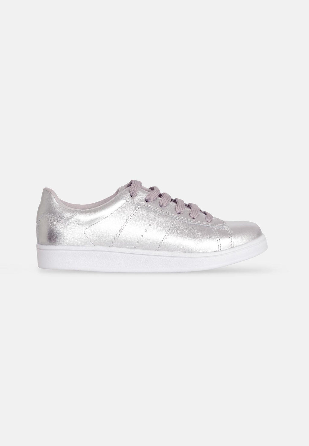 confident woman's metallic silver leather sneakers with bold shine and modern lace-up design