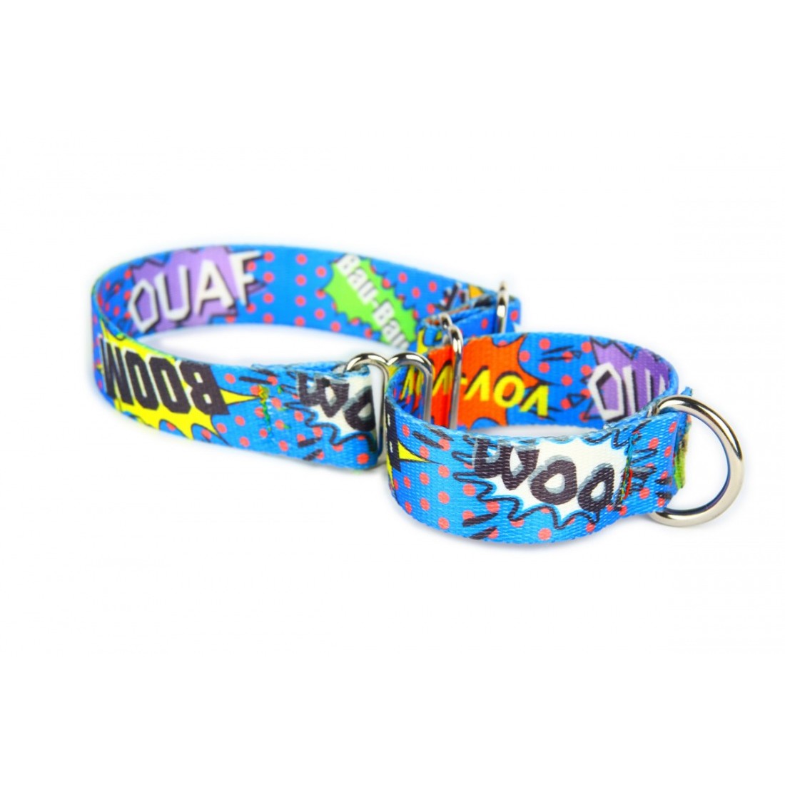 bold blue graffiti martingale dog collar on a dark background, confident and stylish