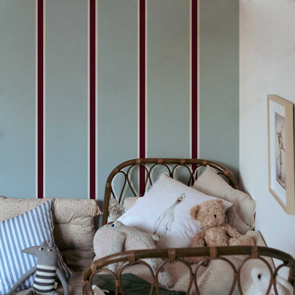 bold blue and white striped wallpaper for a chic and confident kids room makeover