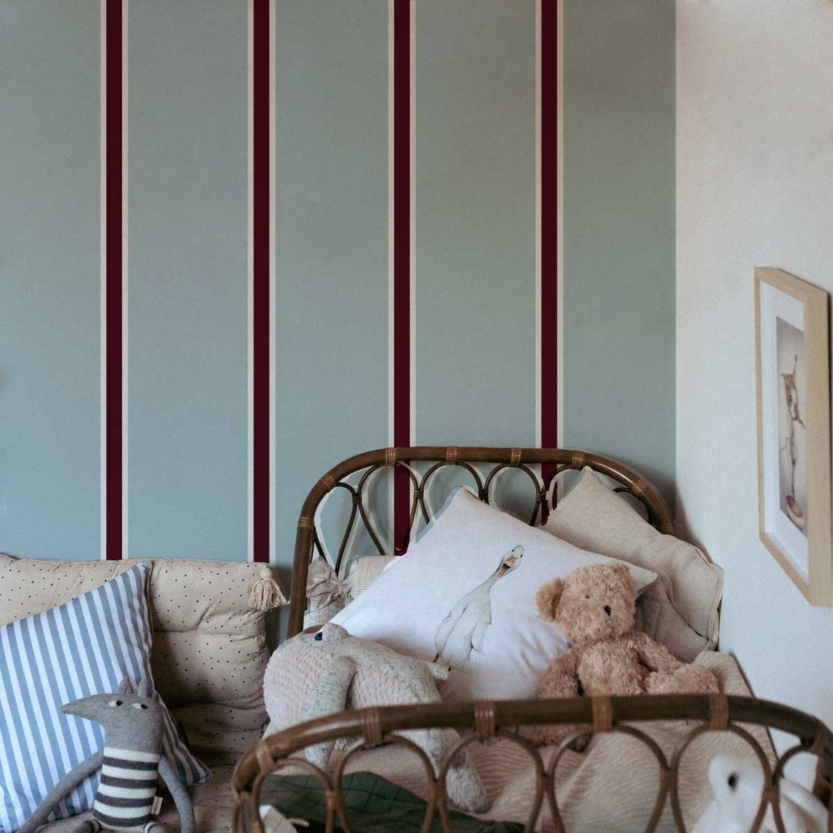 bold blue and white striped wallpaper for a chic and confident kids room makeover