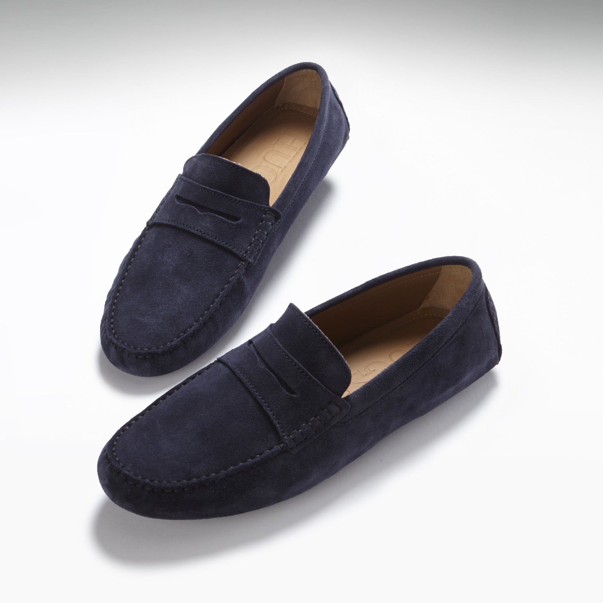 Navy Blue Suede Penny Loafers