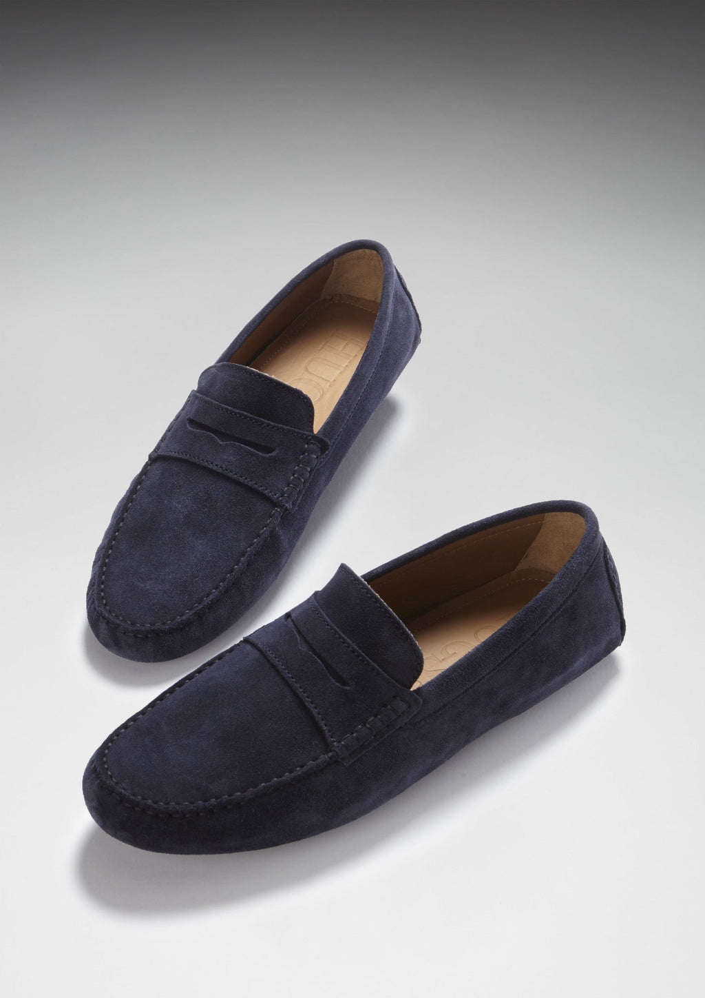 Navy Blue Suede Penny Loafers