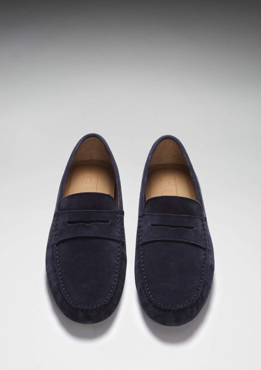 Navy Blue Suede Penny Loafers