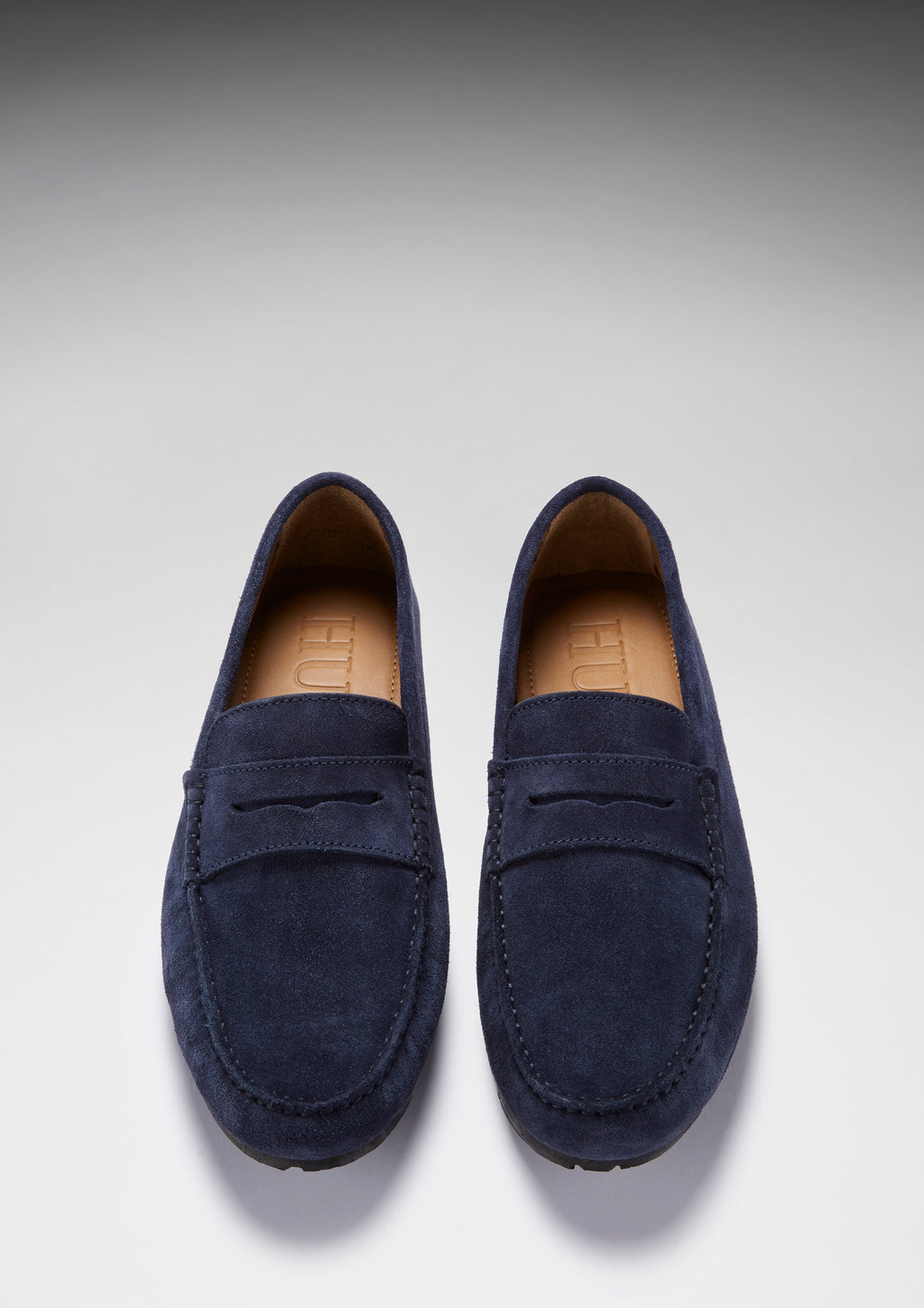 Navy Blue Suede Penny Driving Loafers