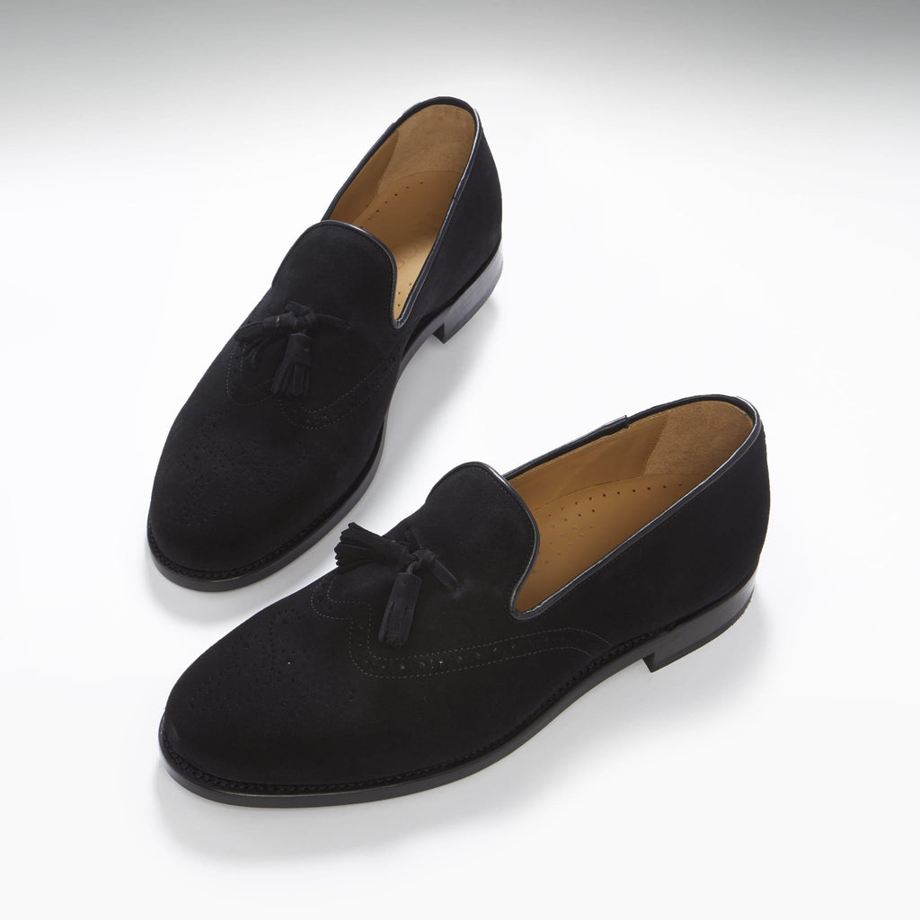 Black Suede Tasselled Brogues with Welted Leather Sole