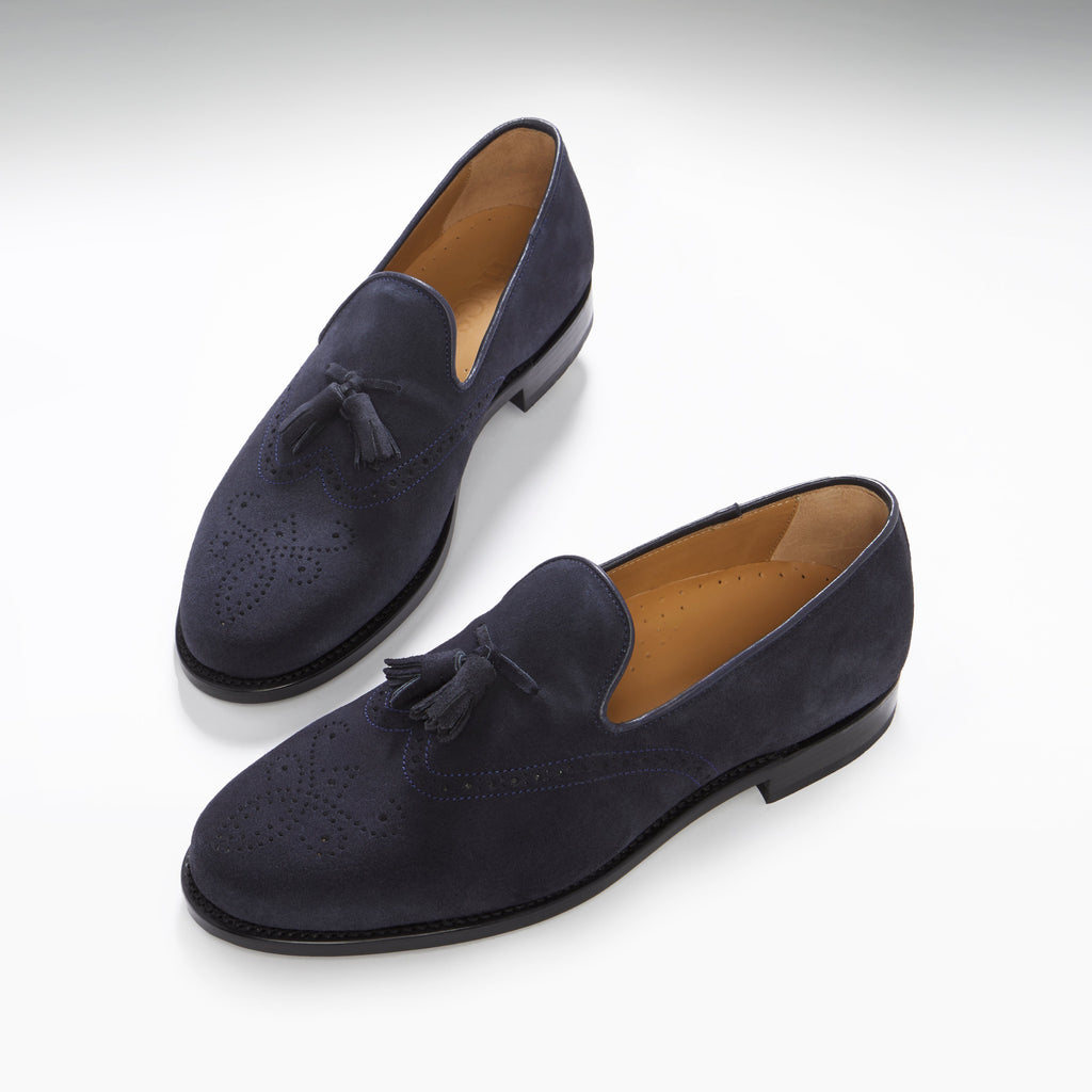 Navy Blue Suede Tasselled Brogues with Welted Leather Sole