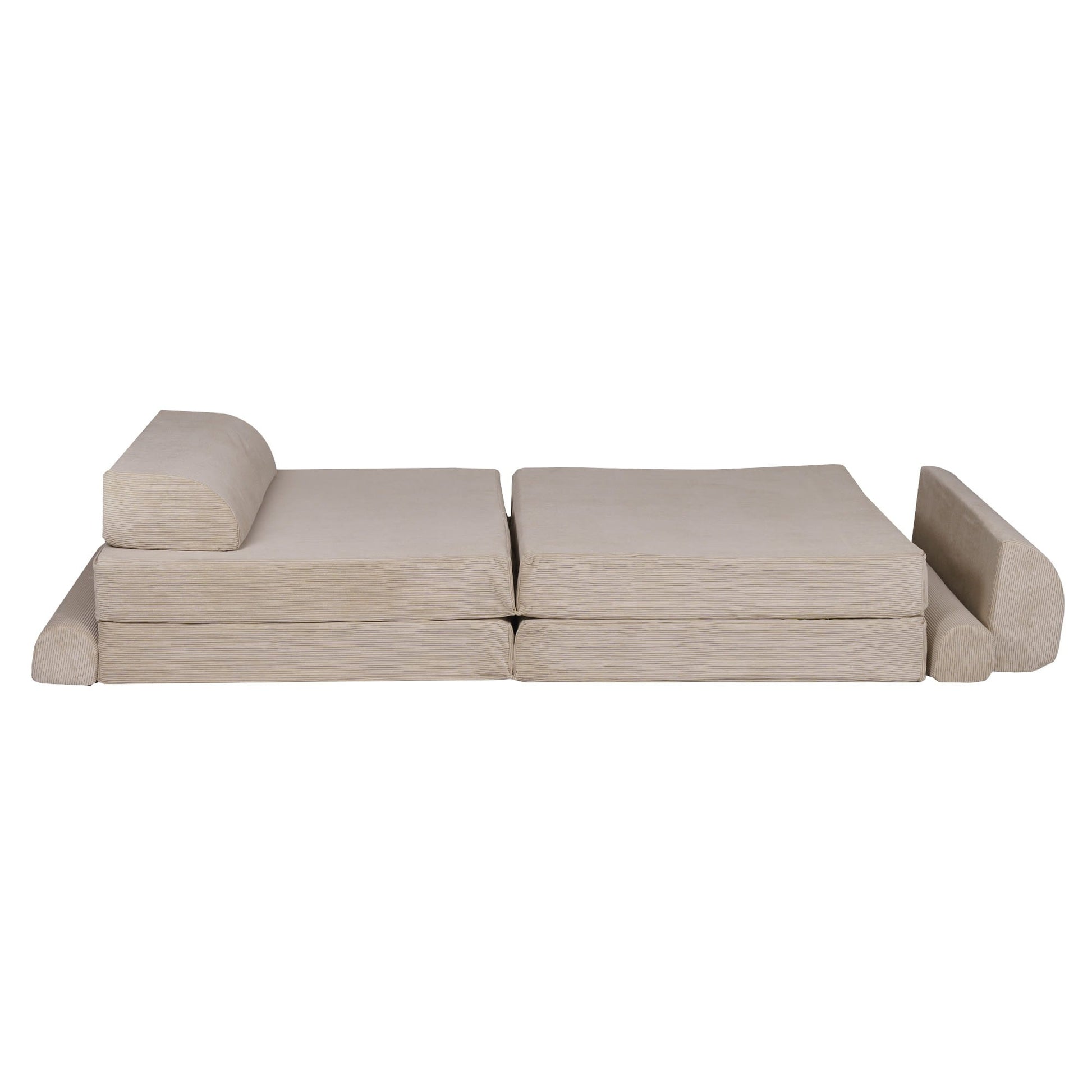 elegant ecru corduroy children's sofa with two poufs in a refined, minimalist interior setting
