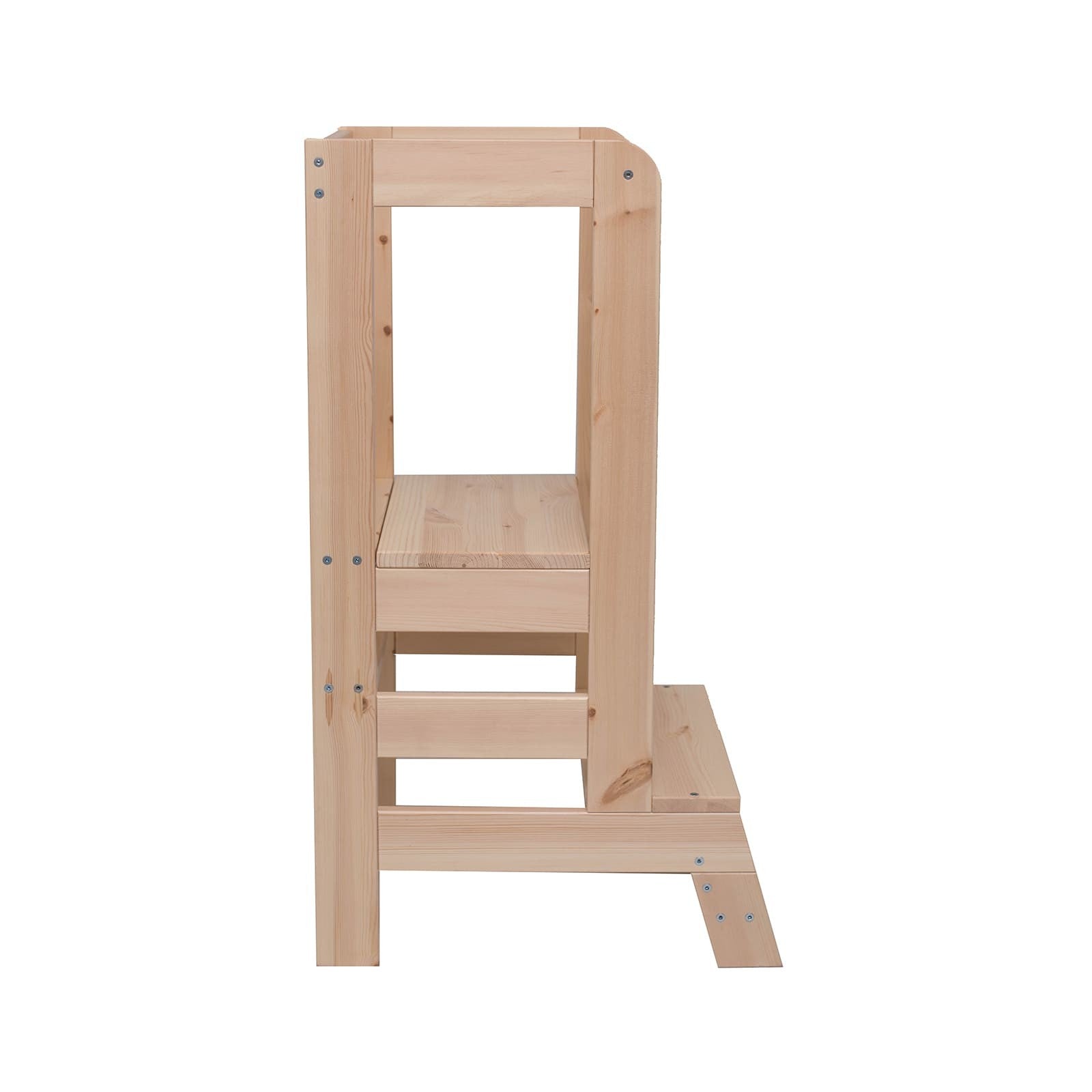 close-up of the meowbaby kitchen helper's sturdy pine wood construction and tool-free height adjustment mechanism