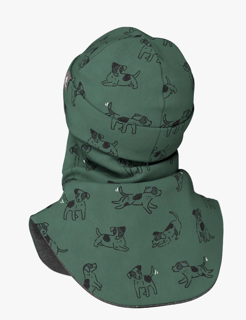 bold close-up of a child's green dog print merino wool balaclava in dramatic light