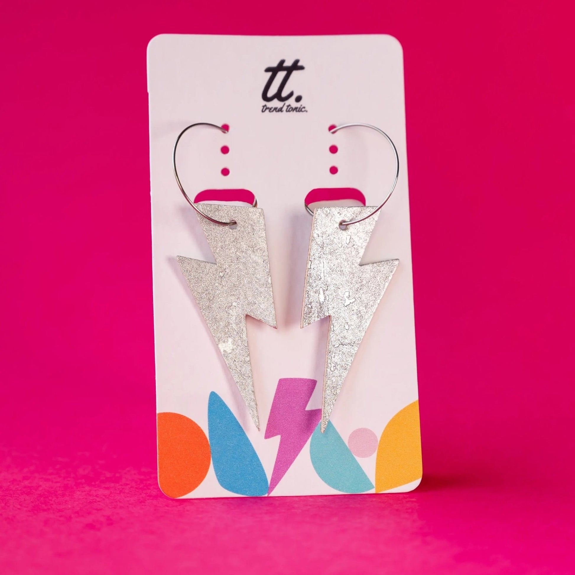 Metallic Silver Cork Lightning Bolt Hoop Earrings