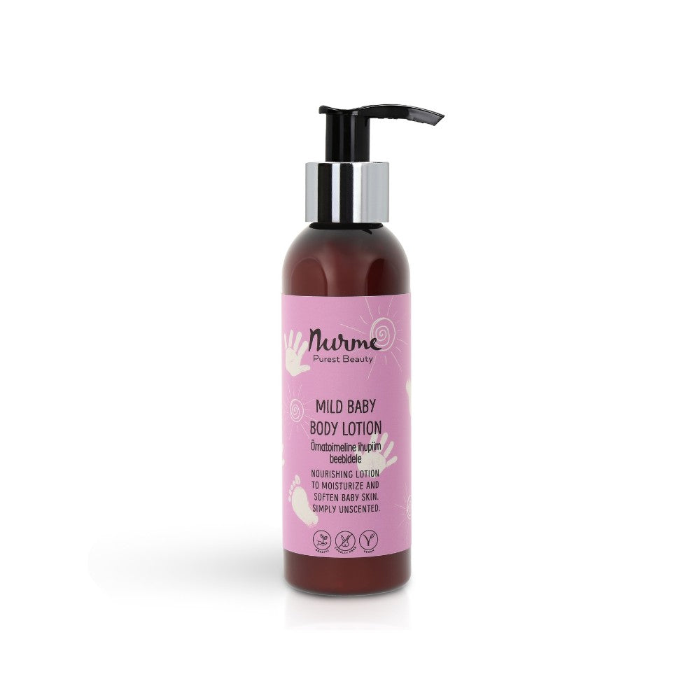 elegant bottle of organic baby lotion with aloe vera and shea butter on a minimalist estonian shelf