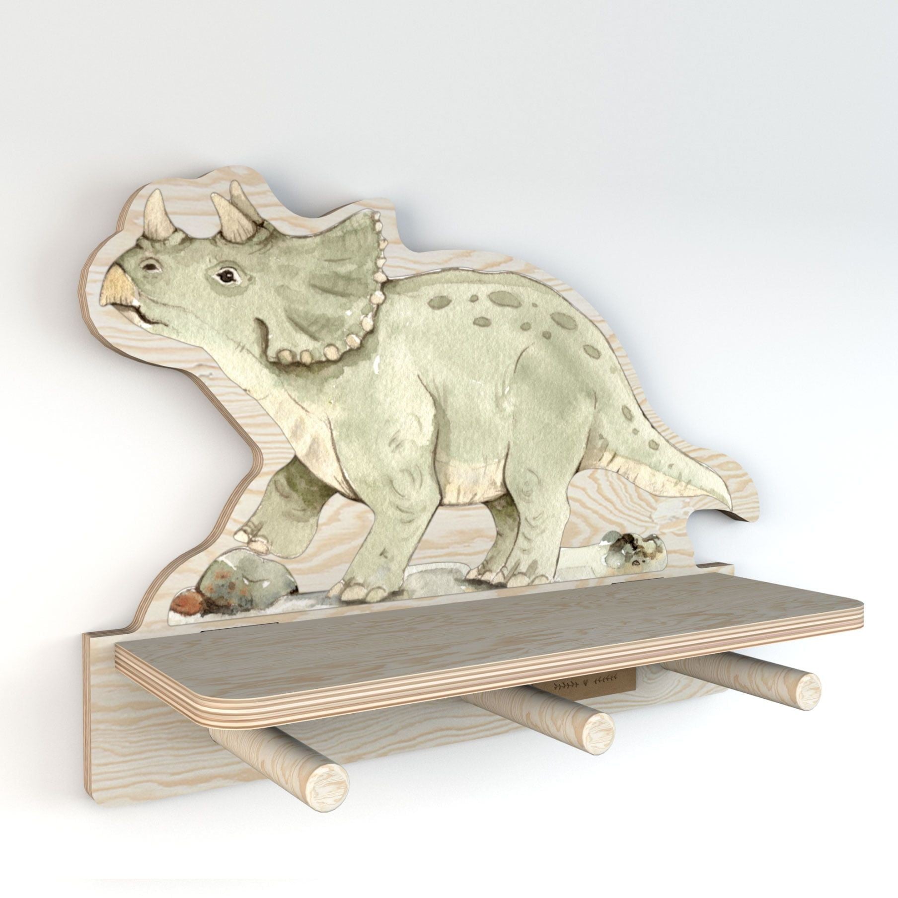 bold dinosaur wall shelf mounted on a bright wall, showcasing its playful design and sturdy pegs