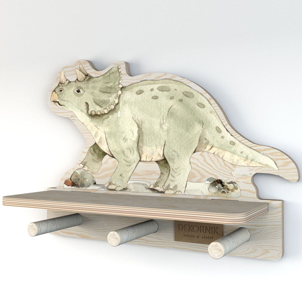 soft morning light on a whimsical plywood dinosaur shelf holding a childs favorite small toys
