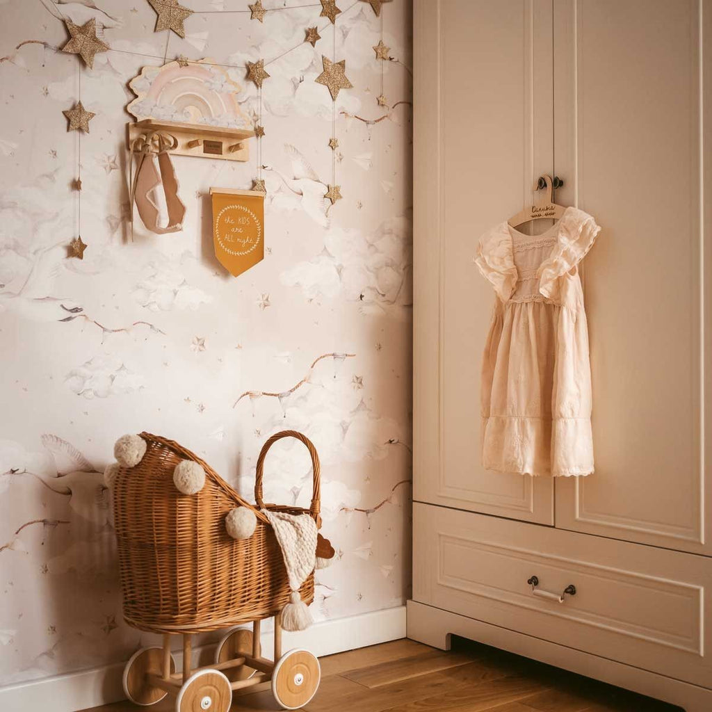 close-up of the playful pink rainbow shelf with a colorful dinosaur, perfect for a kids room